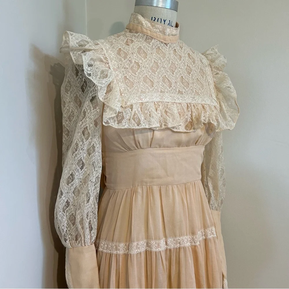 VTG 70s Gunne Sax Prairie Dress Gown Blush Pink Lace Prom Homecoming Sz 9 - Picture 4 of 9